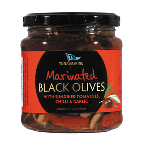 Tuna Marine Black Olives with Sundried Tomatoes, Chilli & Garlic 280g